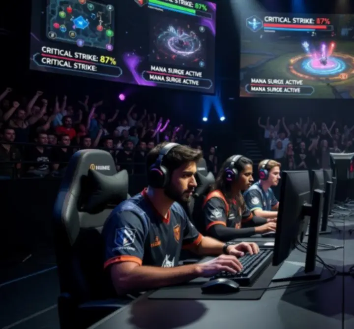 Esports tournament stage with fantasy-themed teams competing
