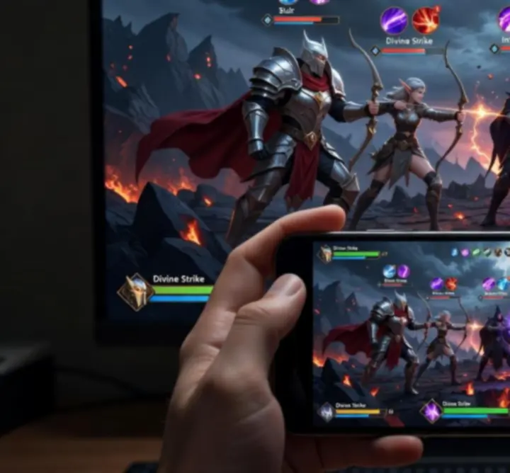 Cross-platform fantasy battle scene showing gameplay on PC and mobile devices