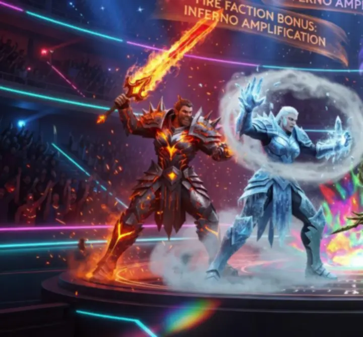 Elemental fantasy battle showing a coordinated hero team combining fire, ice, and shadow powers in a tactical arena