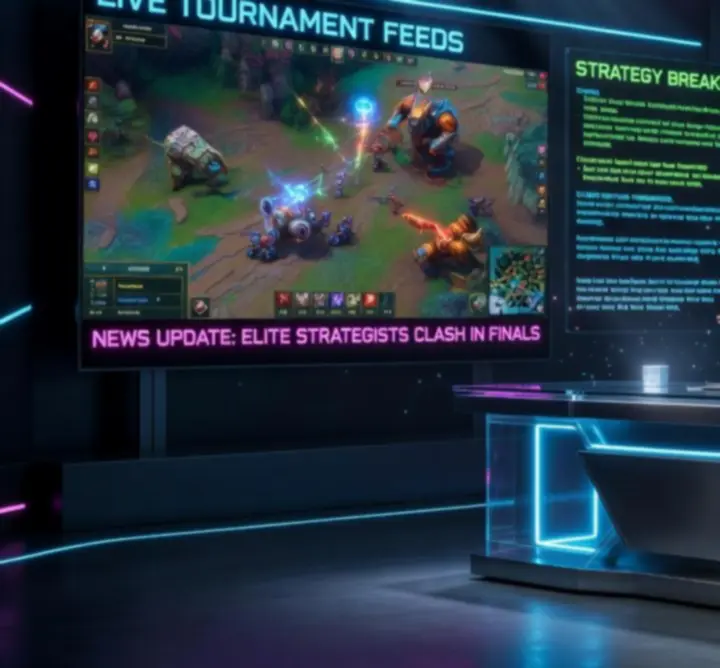 Esports news desk with analysts discussing fantasy strategy game events