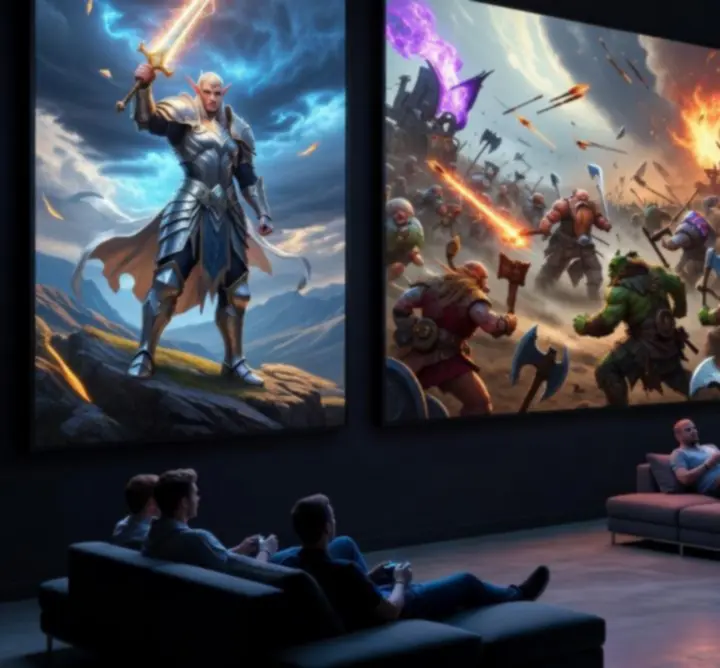 Epic fantasy fan art of battle-ready heroes in a glowing esports-style arena with tactical UI elements