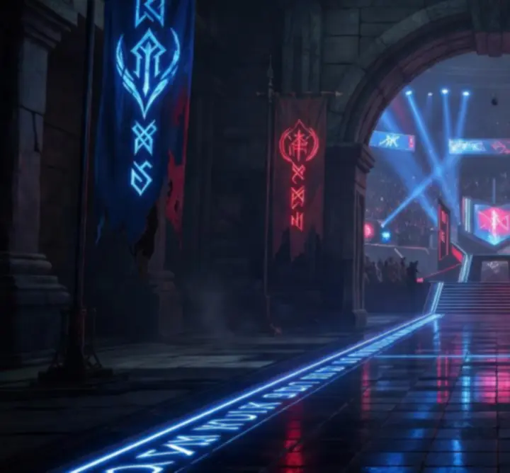 Glowing fantasy arena entrance from AFK Arena with warriors preparing for battle