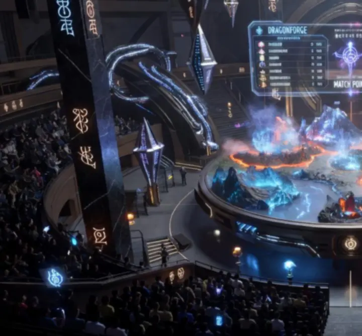 Fantasy esports arena with glowing battlefield where hero lineups face off