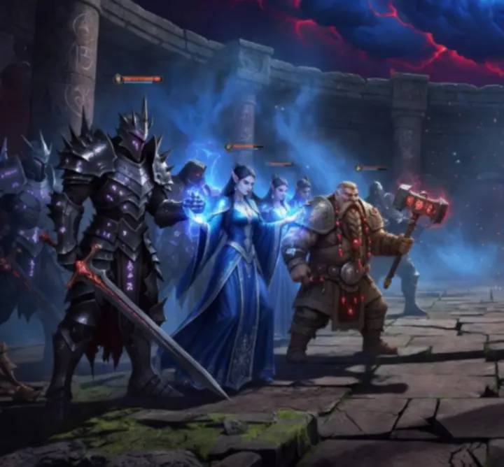 RAID: Shadow Legends fantasy heroes battling in a glowing arena