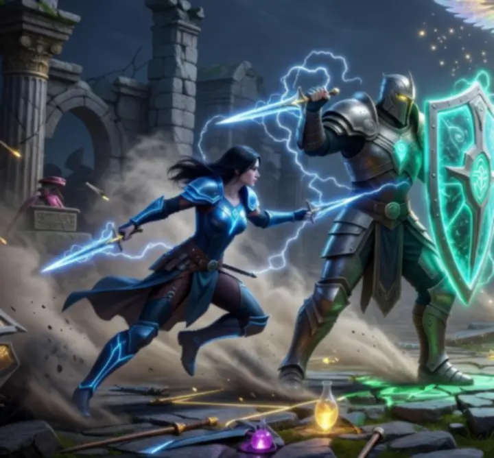 Tactical interface showing hero synergies and combo lines for a fantasy team