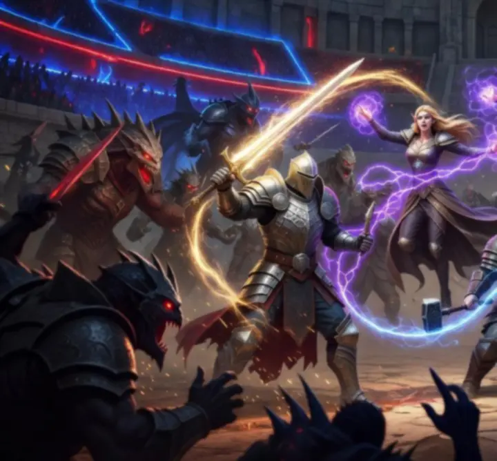 Heroic fantasy battle scene with multiple AFK Arena heroes clashing in a glowing arena