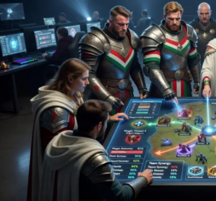 Hungarian esports-style RAID: Shadow Legends team reviewing fantasy battle strategies on a glowing tactical screen