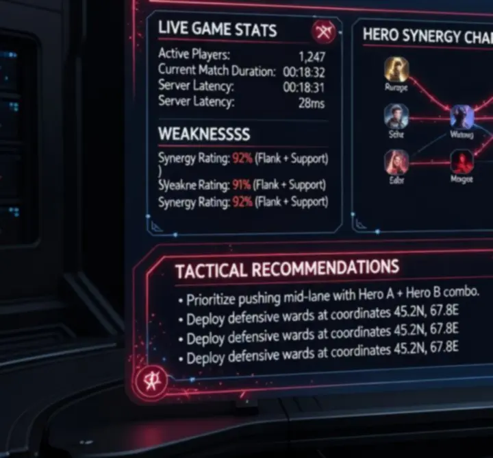 Dark fantasy tactical strategy dashboard UI showing hero lineups, stats, and synergy links