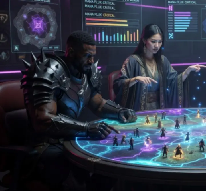 Group of fantasy players reviewing strategy dashboards and hero stats in a workshop setting