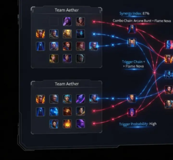 Glowing fantasy synergy dashboard UI mapping hero pairings and combo triggers