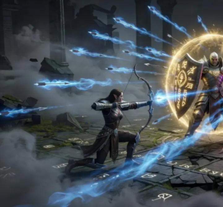 Tactical fantasy teamfight showing heroes executing a synchronized crowd control and damage combo in an esports arena