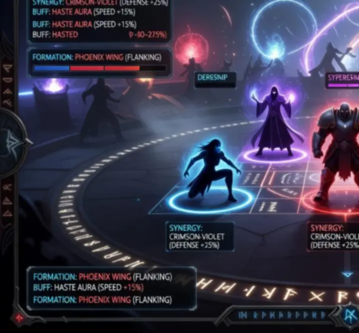 Top-down tactical battle formation of a Raid: Shadow Legends team, showing lead and backline positions